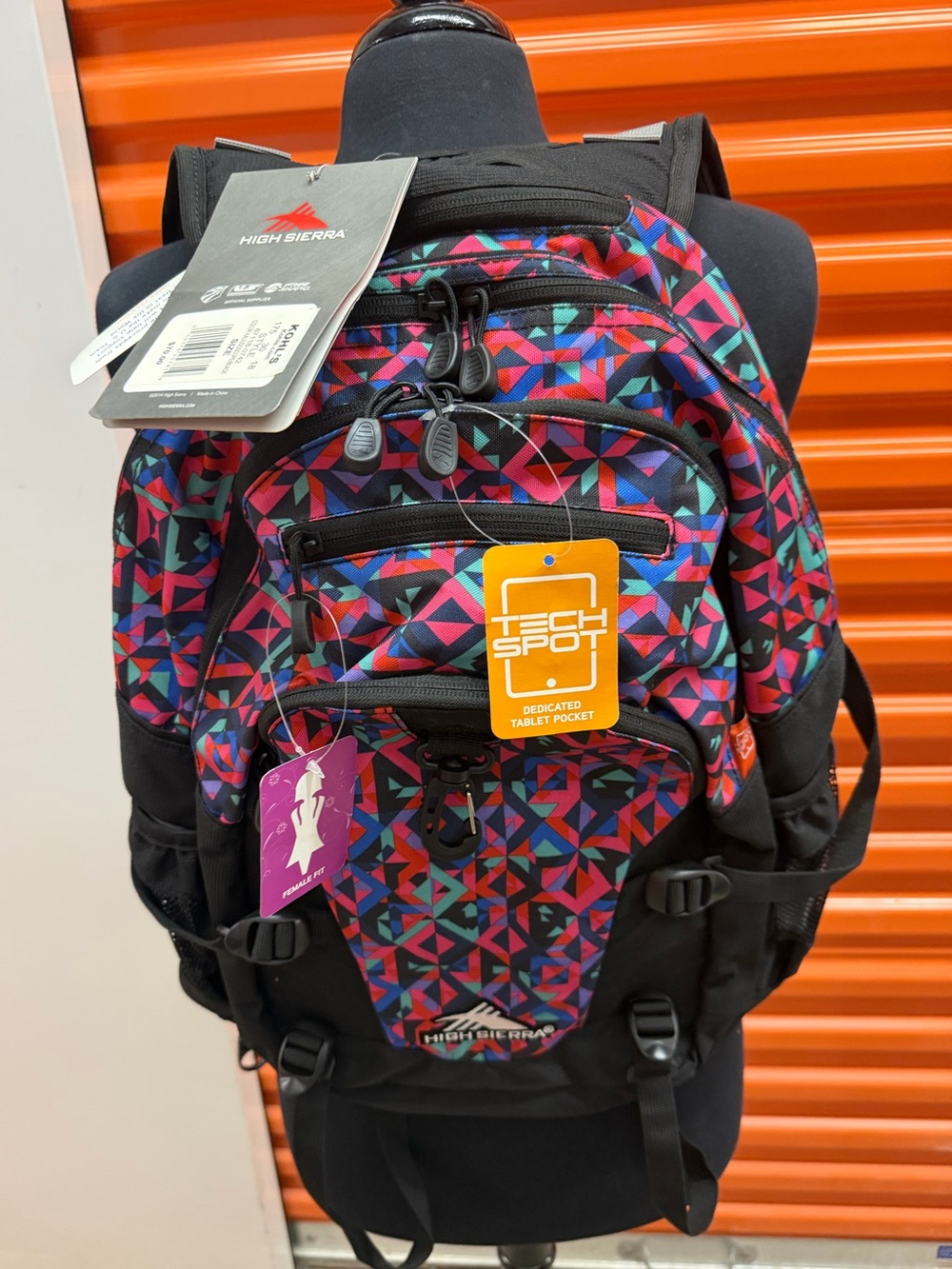 NWT High Sierra Black Backpack with Red, Teal & Purple Geometric Print